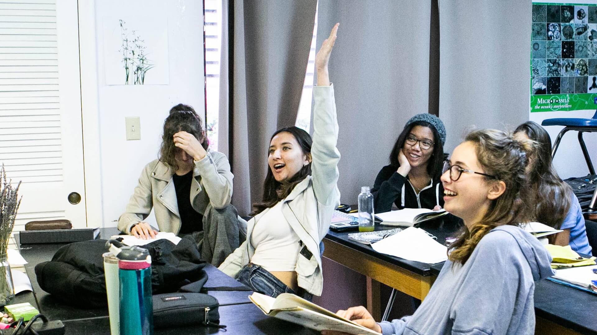 Female student raises her hand in class.