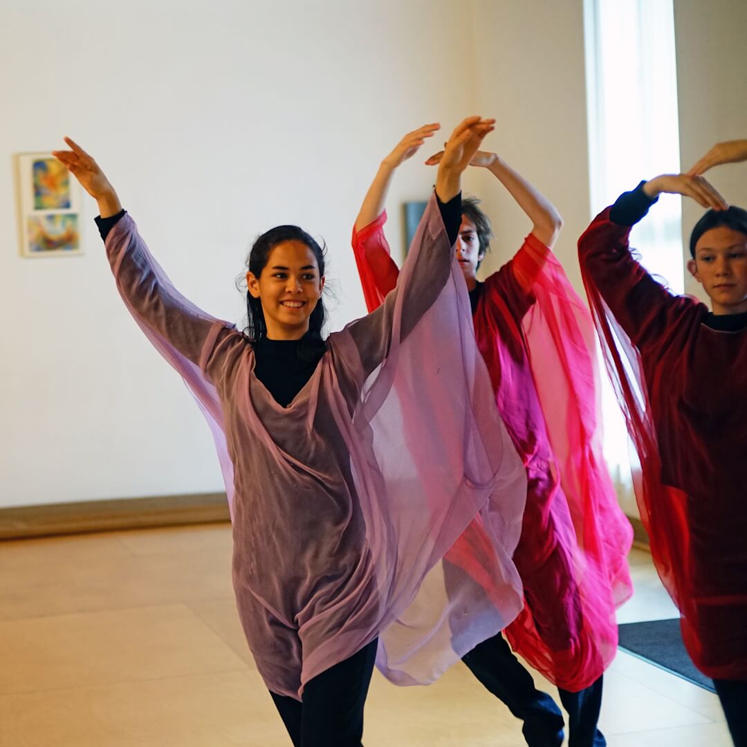 High School female students rehearse Eurythmy dance.