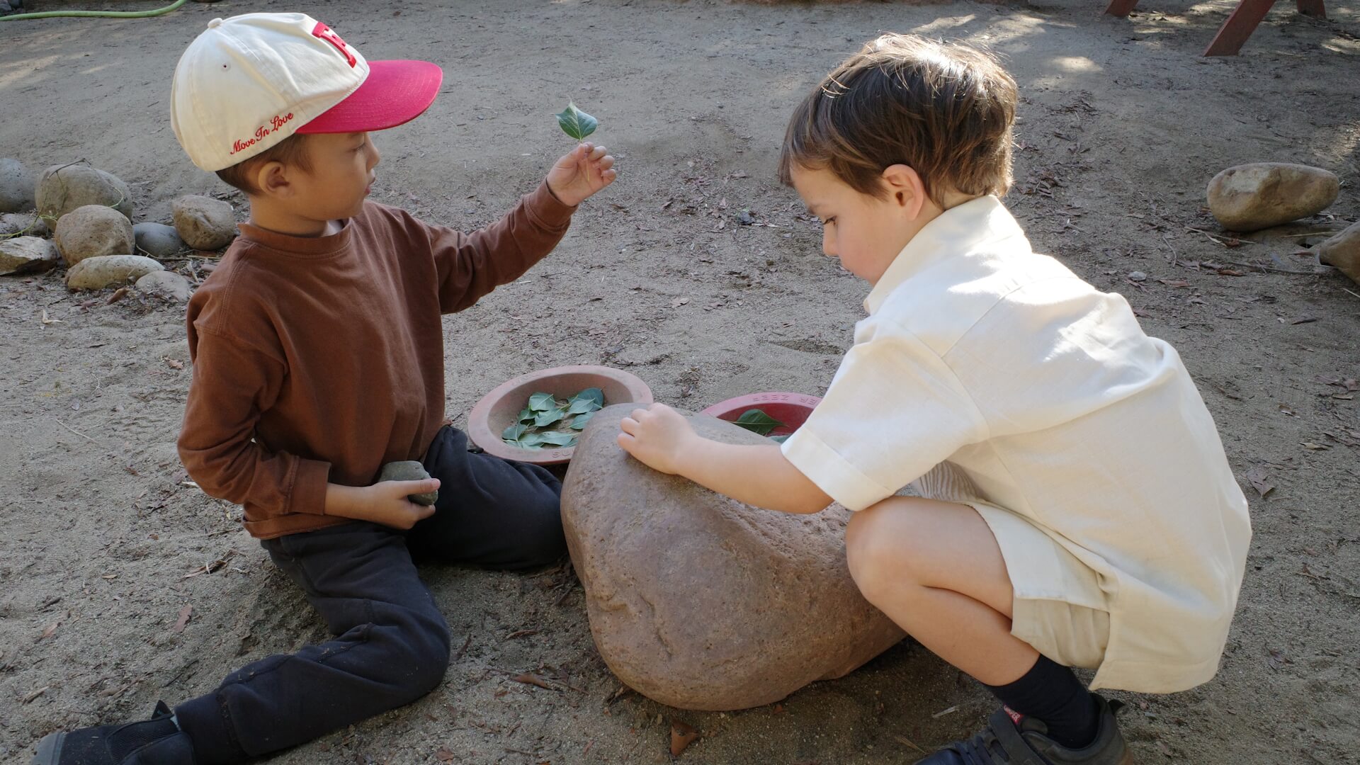 Early School male students play outside with plants.